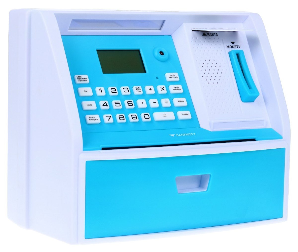 Bankomat z kartą Skarbonka dla dzieci 3+ niebieski Interaktywne funkcje + Tryb oszczędzania