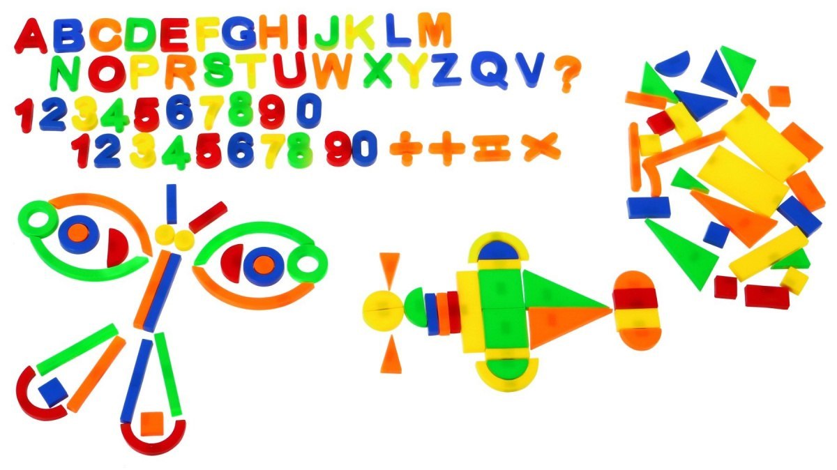 Zestaw kolorowych Magnesów dla dzieci 3+ Zabawka edukacyjna + Cyferki Literki Figury Linie 128 el.