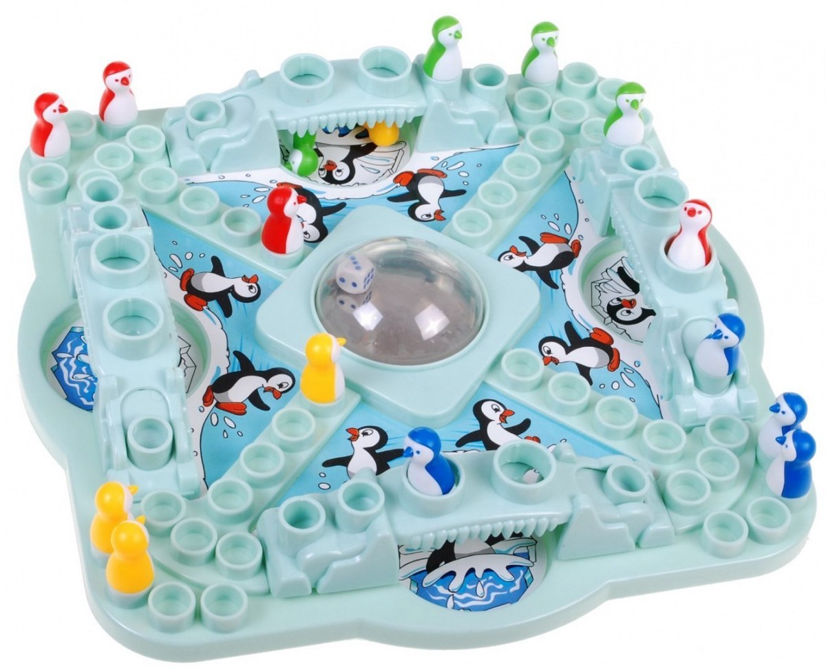 Gra planszowa "Wyścig pingwinów" chińczyk dla dzieci 4+ i dorosłych + Kolorowe pingwiny + Kostka w kuli