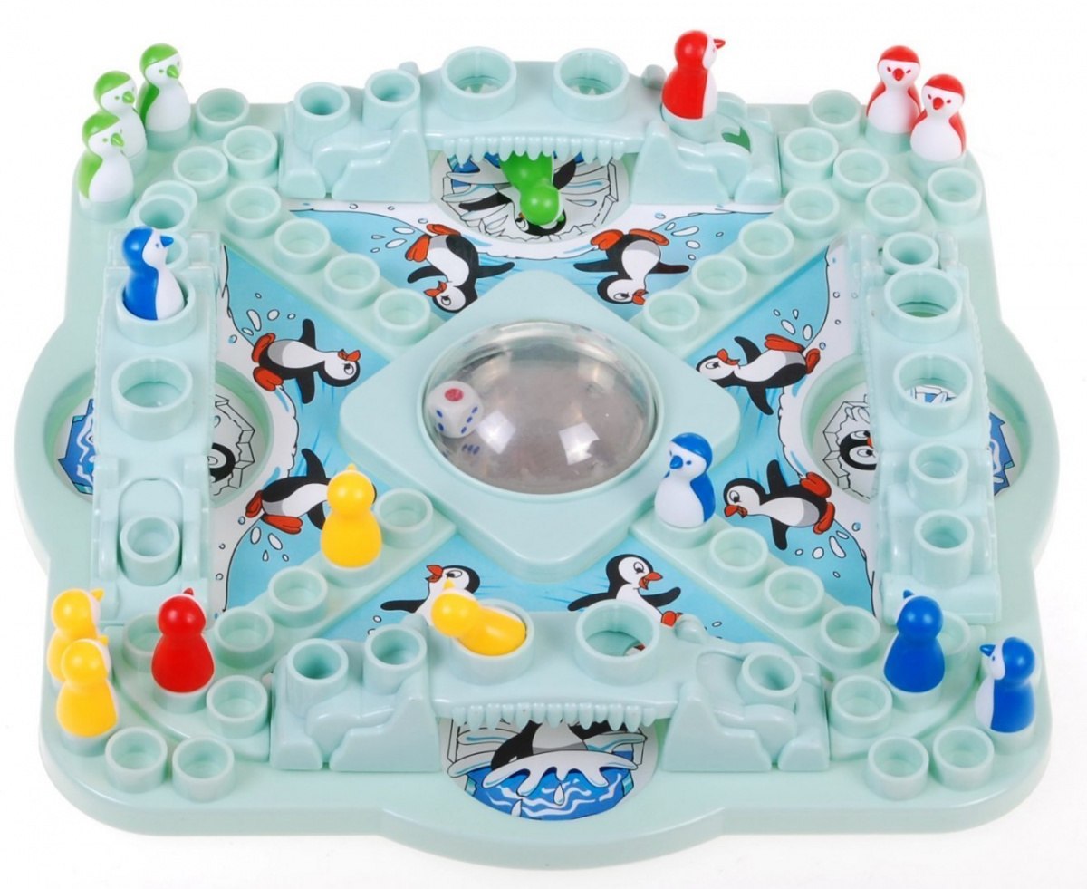 Gra planszowa "Wyścig pingwinów" chińczyk dla dzieci 4+ i dorosłych + Kolorowe pingwiny + Kostka w kuli