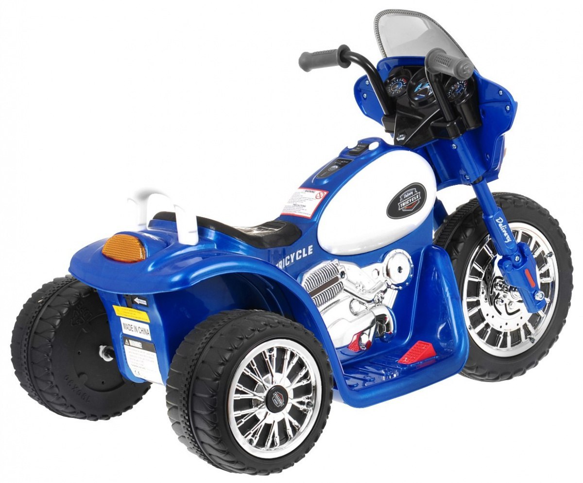 Motorek Chopper na akumulator dla dzieci Niebieski + 3 koła + Dźwięki + Światła LED