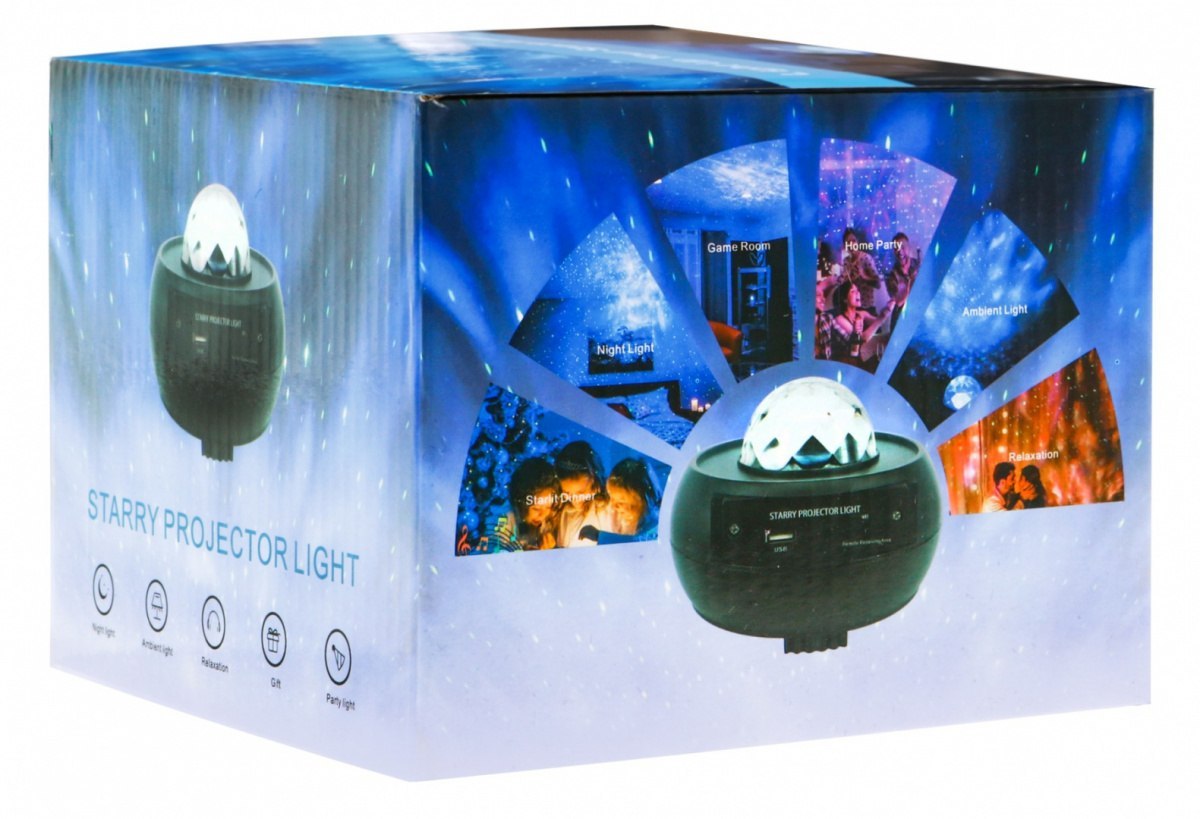 Obrotowy Projektor Pozytywka dla dzieci 3+ Gwieździste niebo 10 kolorów + Lampka nocna + Głośnik do MP3