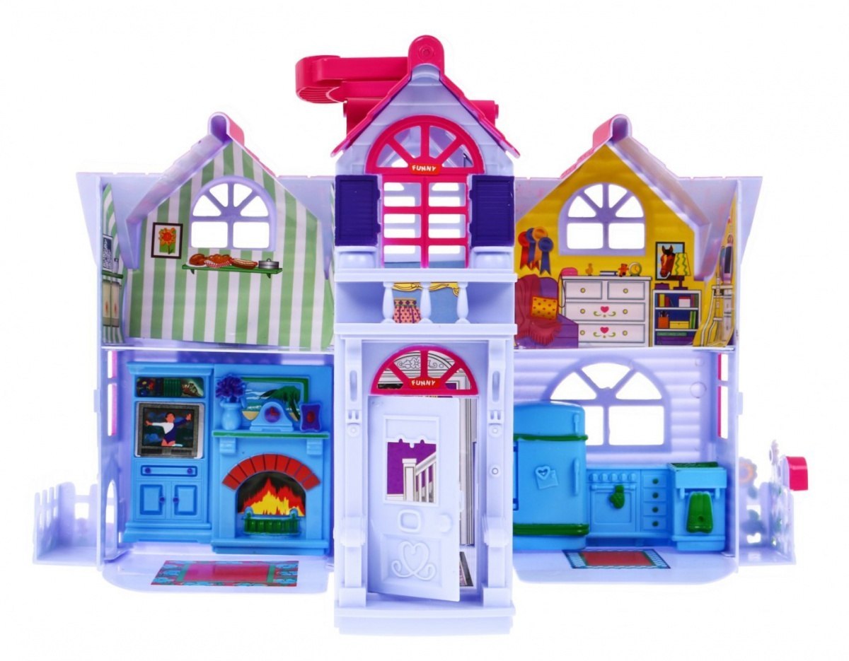 Rozkładana Domek dla dzieci 3+ Fioletowy + Figurki rodziny + Piesek + Meble + 2 piętra