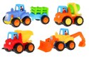 Zestaw 4 pojazdów dla dzieci 18m+ Traktor Betoniarka Koparka Wywrotka + Ruchome elementy + Ręczny napęd