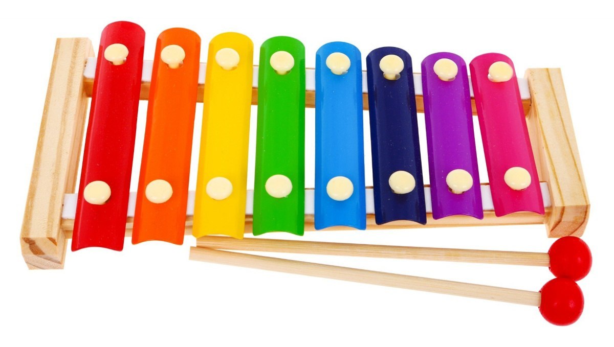 Drewniane cymbałki dla dzieci 3+ Pierwszy instrument muzyczny Tęczowe blaszki + pałeczki
