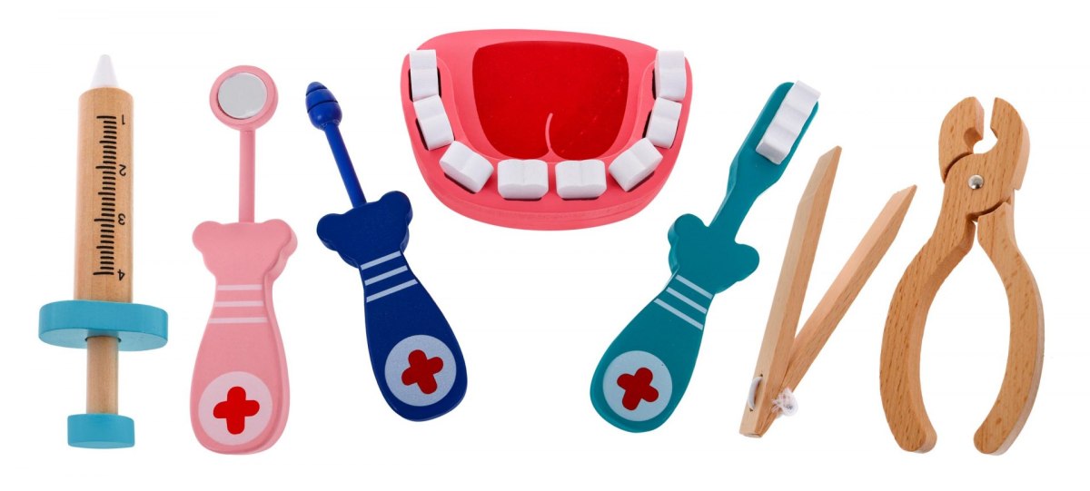 Drewniany zestaw Dentysty dla dzieci 3+ Akcesoria 32 el. Książeczki edukacyjne + Naklejki "Dzielny pacjent"