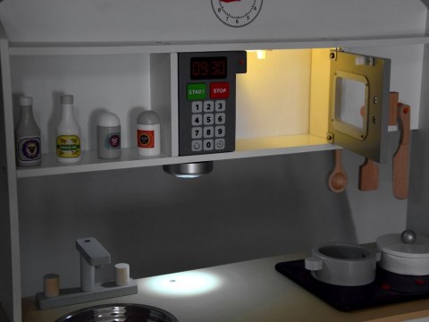 BIAŁO-SZARA interaktywna kuchnia drewniana dla dzieci + akcesoria ZA4126