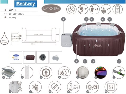 Bestway Lay-z-Spa Maldives Pro7 2025 jacuzzi WiFi aplikacja LED 5-7os 6001U