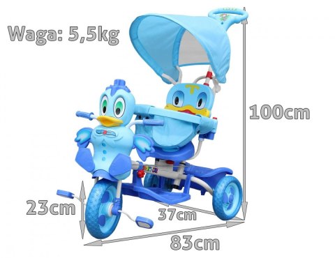 3-kołowy Rowerek dla dzieci Kaczka Niebieski + Dźwięki + Daszek + Barierka + Podnóżek + Rączka + Schowek