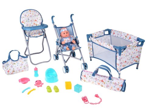 Zestaw Deluxe Lalka Bobas Wózek Łóżeczko Krzesełko akcesoria 16 ele ZA5917