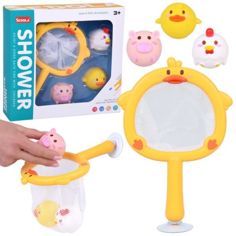 Zabawki do kąpieli ŁOWIENIE 3 gumowe zwierzątka bez dziurki + sitko ZA5924