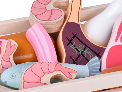 Drewniana SKRZYNKA Z WĘDLINAMI - zestaw zabawkowych mięs dla dzieci ZA5942