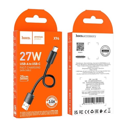 Kabel USB A do USB C Hoco PD 2,4A 27W 0,25 m X96 czarny
