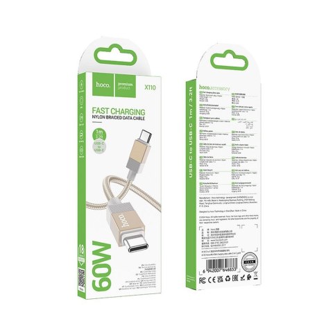 Kabel USB C do USB C Hoco 3A 60W 1 m X110 złoty
