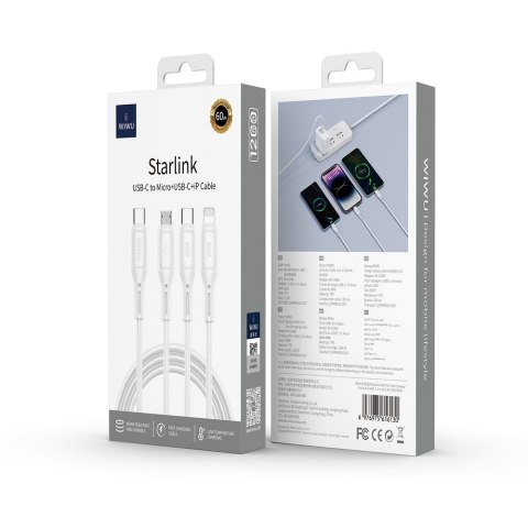 Kabel 3w1 USB C do USB C, Micro USB, Lightning Wiwu 60W Wi-C046E 1m biały