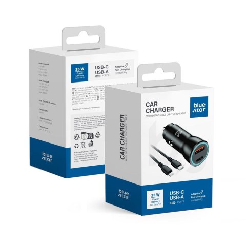 Ładowarka samochodowa Blue Star USB C + USB A QC3.0 PD AFC PPS 3A 25W + kabel USB C do Lightning czarna
