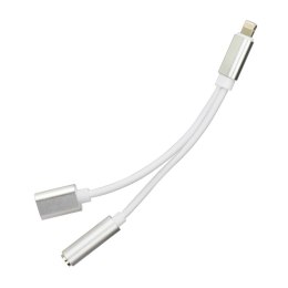 Adapter AUX 2w1 Lightning (męski) do Lightning (żeński) / Jack 3,5 mm (żeński) srebrny
