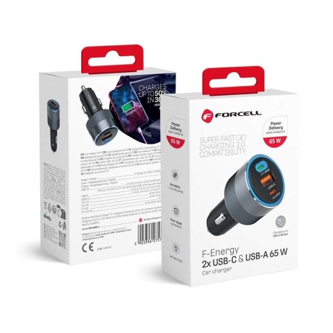 Ładowarka samochodowa Forcell F-Energy Alu 2 x USB C + USB A QC4.0 PD SFC2.0 4,5A 65W szara