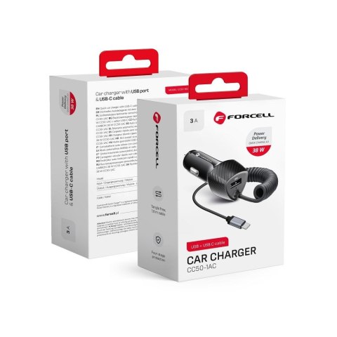 Ładowarka samochodowa Forcell F-Energy Carbon USB A QC3.0 PD 3A 38W z kablem USB C CC50-1AC czarna