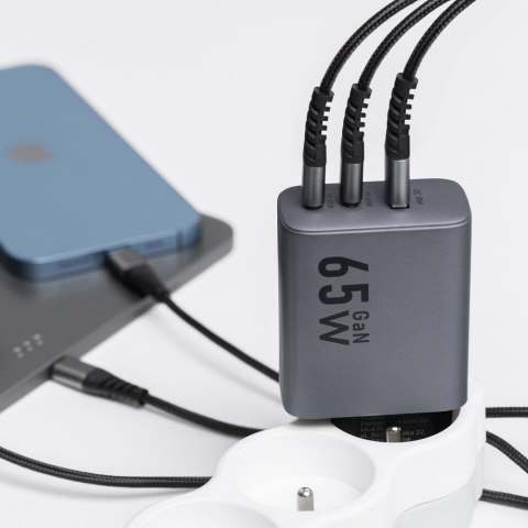 Ładowarka sieciowa do telefonu Forcell F-Energy GaN 2 x USB C + USB A QC4.0 PD 4A 65W VT-42B szara