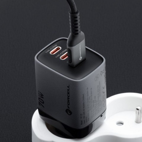 Ładowarka sieciowa do telefonu Forcell F-Energy GaN III 2 x USB C + USB A QC4.0 3,45A PD 70W SAM SFC2.0 z wyświetlaczem LCD VT-3