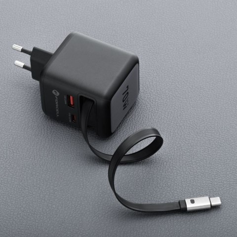 Ładowarka sieciowa do telefonu Forcell F-Energy GaN USB C + USB A + zwijany kabel USB C PD QC4.0 3A 70W VT-R7 szara