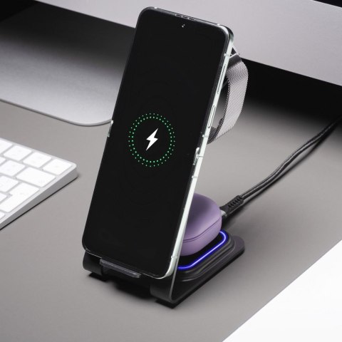 Ładowarka indukcyjna Forcell F-Energy 3w1 Simply Charge aluminiowa kompatybilna z Apple Watch i Samsung Watch szara