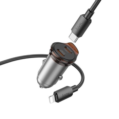 Ładowarka samochodowa Hoco 2 x USB C QC PD 45W + kabel USB C do Lightnning NZ16B szara