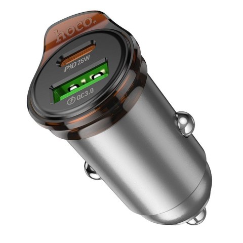 Ładowarka samochodowa Hoco USB A + USB C QC3.0 PD 3A 43W + kabel USB C do Lightning NZ16A szara