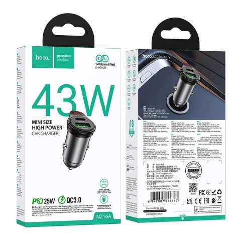 Ładowarka samochodowa Hoco USB A + USB C QC3.0 PD 3A 43W + kabel USB C do Lightning NZ16A szara