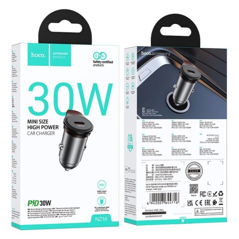 Ładowarka samochodowa Hoco USB C QC PD 30W NZ16 szara