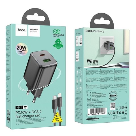 Ładowarka sieciowa do telefonu Hoco USB A + USB C QC PD 3A 20W + kabel USB C do Lightning N41 czarna