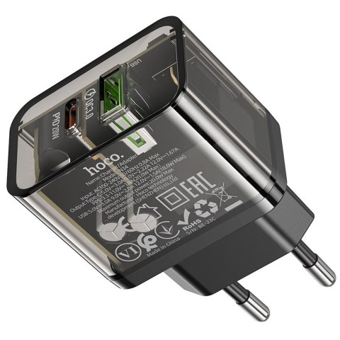 Ładowarka sieciowa do telefonu Hoco USB A + USB C QC3.0 PD 3A 20W N34 transparentna
