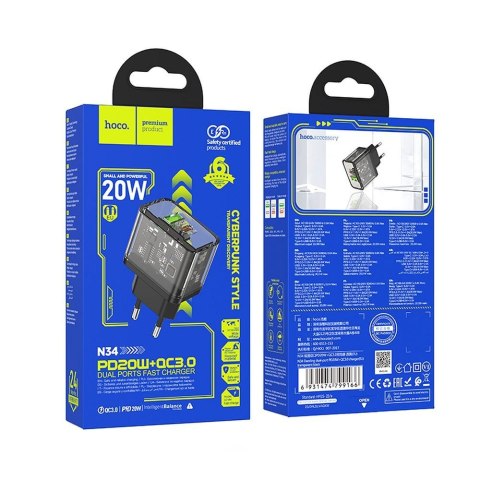 Ładowarka sieciowa do telefonu Hoco USB A + USB C QC3.0 PD 3A 20W N34 transparentna