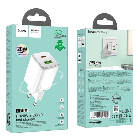 Ładowarka sieciowa do telefonu Hoco USB A + USB C QC3.0 PD 3A 20W N41 biała