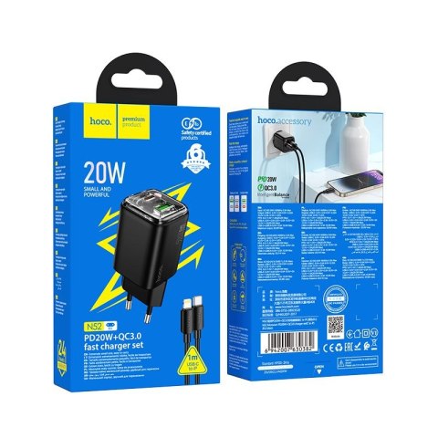 Ładowarka sieciowa do telefonu Hoco USB A + USB C QC3.0 PD 3A 20W + kabel USB C do Lightning N52 czarna