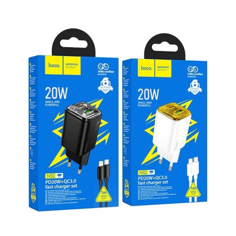 Ładowarka sieciowa do telefonu Hoco USB A + USB C QC3.0 PD 3A 20W + kabel USB C do Lightning N52 czarna