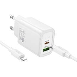 Ładowarka sieciowa do telefonu Hoco USB A + USB C QC3.0 PD 3A 20W + kabel USB C do Lightning N61 biała