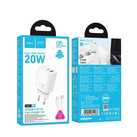 Ładowarka sieciowa do telefonu Hoco USB A + USB C QC3.0 PD 3A 20W + kabel USB C do Lightning N61 biała
