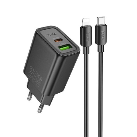 Ładowarka sieciowa do telefonu Hoco USB A + USB C QC3.0 PD 3A 20W + kabel USB C do Lightning N61 czarna