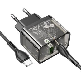Ładowarka sieciowa do telefonu Hoco USB A + USB C QC3.0 PD 3A 20W + kabel USB C do USB C N34 transparentna