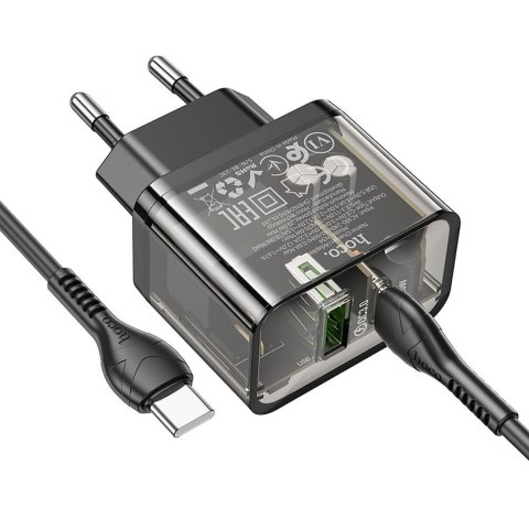 Ładowarka sieciowa do telefonu Hoco USB A + USB C QC3.0 PD 3A 20W + kabel USB C do USB C N34 transparentna