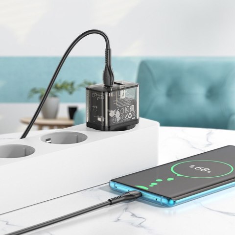 Ładowarka sieciowa do telefonu Hoco USB A + USB C QC3.0 PD 3A 20W + kabel USB C do USB C N34 transparentna
