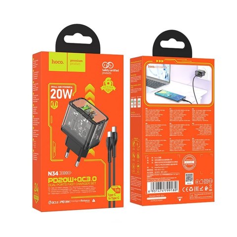 Ładowarka sieciowa do telefonu Hoco USB A + USB C QC3.0 PD 3A 20W + kabel USB C do USB C N34 transparentna
