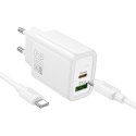 Ładowarka sieciowa do telefonu Hoco USB A + USB C QC3.0 PD 3A 20W + kabel USB C do USB C N61 biała