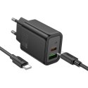Ładowarka sieciowa do telefonu Hoco USB A + USB C QC3.0 PD 3A 20W + kabel USB C do USB C N61 czarna