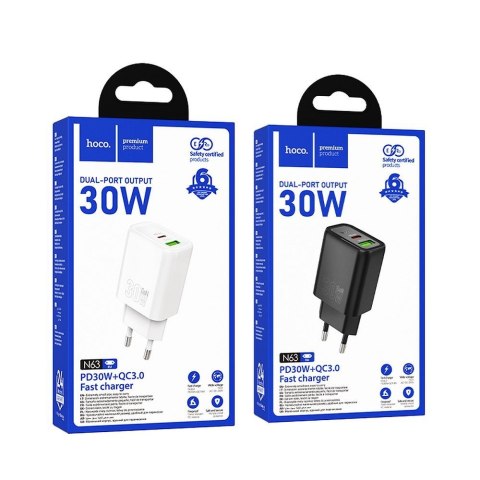 Ładowarka sieciowa do telefonu Hoco USB A + USB C QC3.0 PD 3A 30W N63 czarna