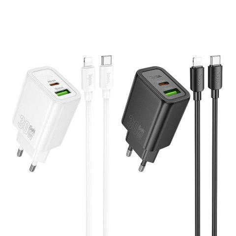 Ładowarka sieciowa do telefonu Hoco USB A + USB C QC3.0 PD 3A 30W + kabel USB C do Lightning N63 czarna