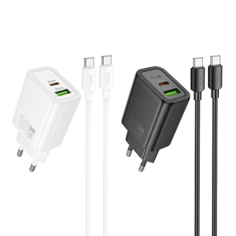Ładowarka sieciowa do telefonu Hoco USB A + USB C QC3.0 PD 3A 30W + kabel USB C do USB C N63 czarna
