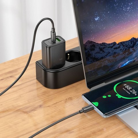 Ładowarka sieciowa do telefonu Hoco USB A + USB C QC3.0 PD 3A 30W + kabel USB C do USB C N63 czarna